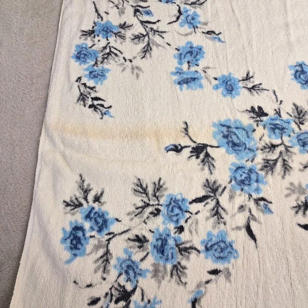 Vintage Bath Towel Blue Rose Floral Fringe Martex USA 23x47 70s Cottagecore Boho